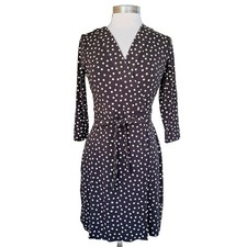 Ann Taylor Wrap Dress Size 4 Petite  Black Polka Dot 3/4 Sleeve Workwear Classic