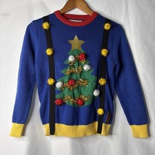 Tipsy Elves Youth M Ugly Christmas Sweater Xmas Tree Tinsel Holiday Colorful