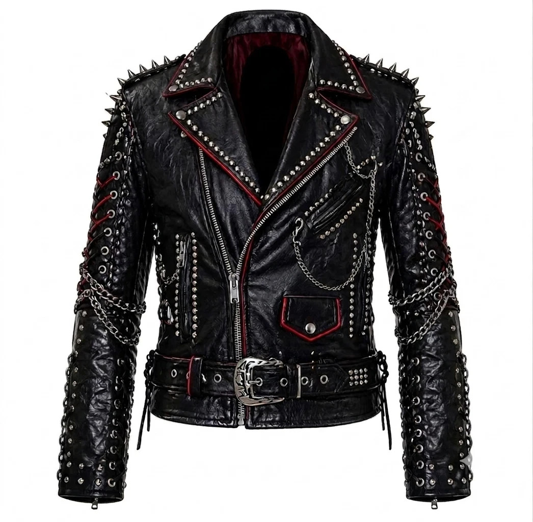 Chaqueta de motociclista clásica con clavos tachonados punk de cuero negra para hombre