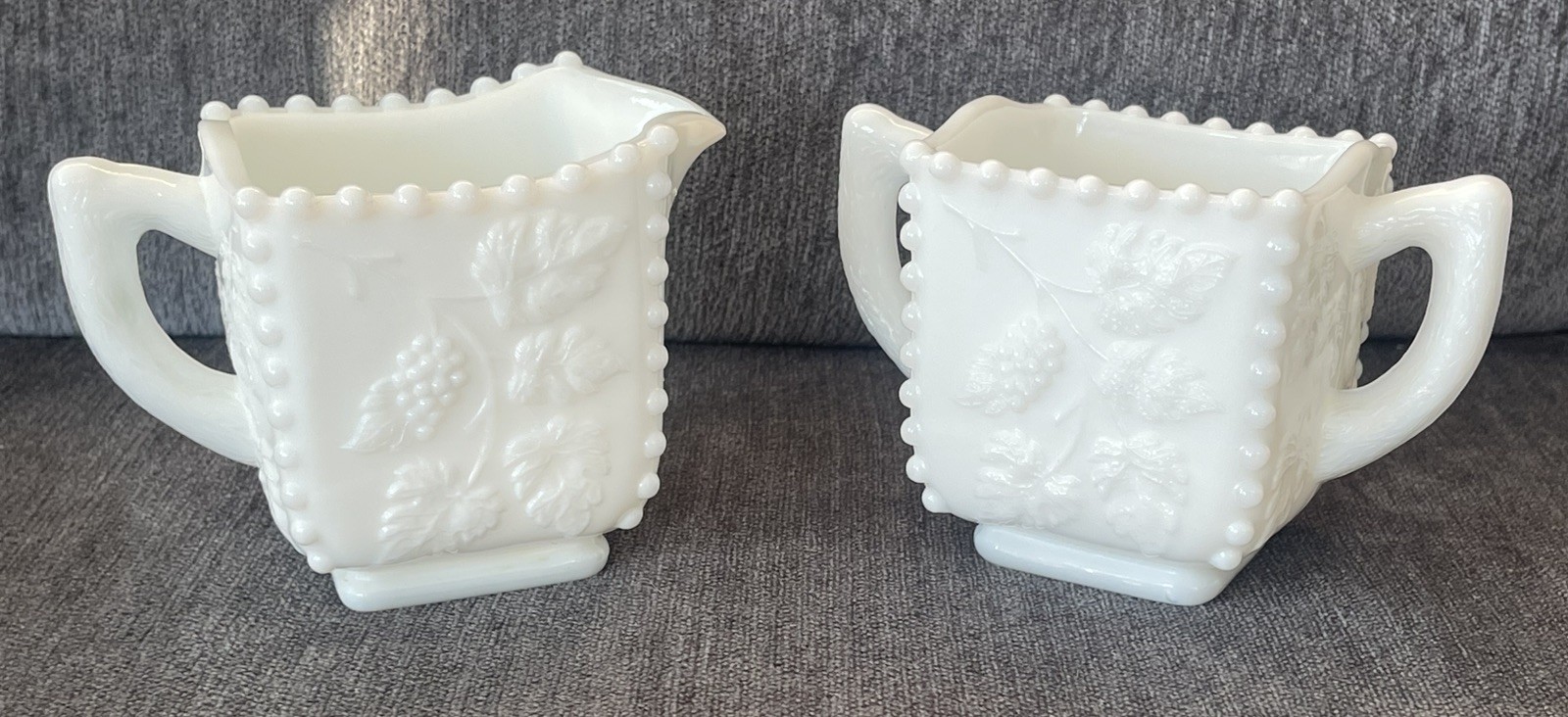 Vintage Westmoreland Milk Glass Grape Beaded Creamer Sugar Set Square