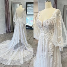 Sexy Boho Wedding Dresses Puffy Sleeve Beading Lace Beach A Line Bridal Gowns