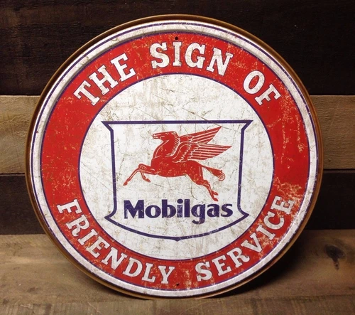 Mobilgas Friendly Service Round Sign Tin Vintage Garage Oil Gas Station Auto