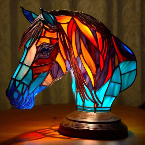 Lumière de table rétro résine vitrail lumière de chevet ornement de maison (cheval) - Photo 1/7