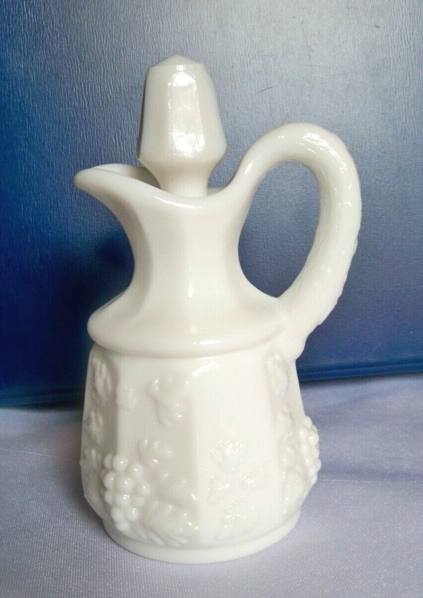 Vintage Westmoreland Glass Co Milk Glass 2-Oz Oil Vinegar Cruet Paneled Grape Design