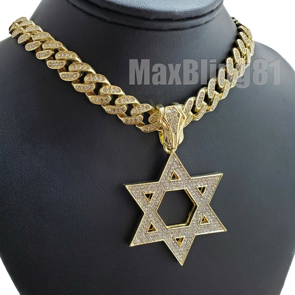 Alternate view of Gold Plated Star David Pendant Iced Cuban Cubic Chain Necklace