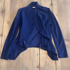 Minefree Open Blue Blazer Waterfall Front Crepe Texture Long Sleeve Small
