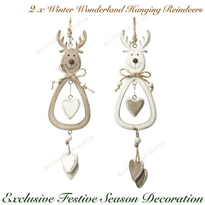 Pair Of Rustic Wooden Reindeer Hanging Hearts Rope Bow Christmas Tree Decor