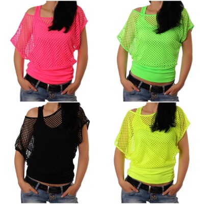 Damen Netzshirt Neon Party Top   Einteiler mit integriertem Tanktop - Festival