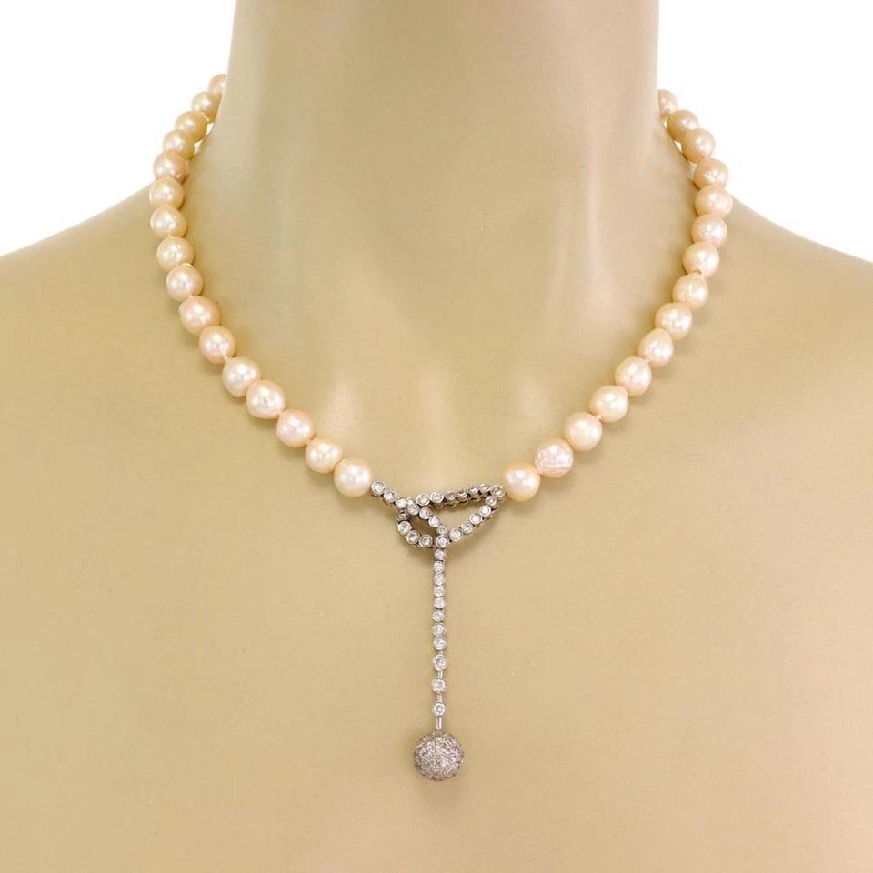 Collar colgante vintage de perlas barrocas de diamantes de 1,70 quilates con nudo de bola de oro de 18 quilates Foto 4 de 4