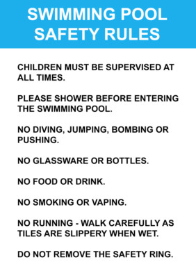 Hinweisschild maßgeschneidert Schwimmbad Regeln Sicherheit Foamex Hart-PVC ODER Aufkleber Decal