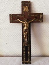 Crucifix Ancien Bois avec Décoration Incrustée 35 x 18,5cm
