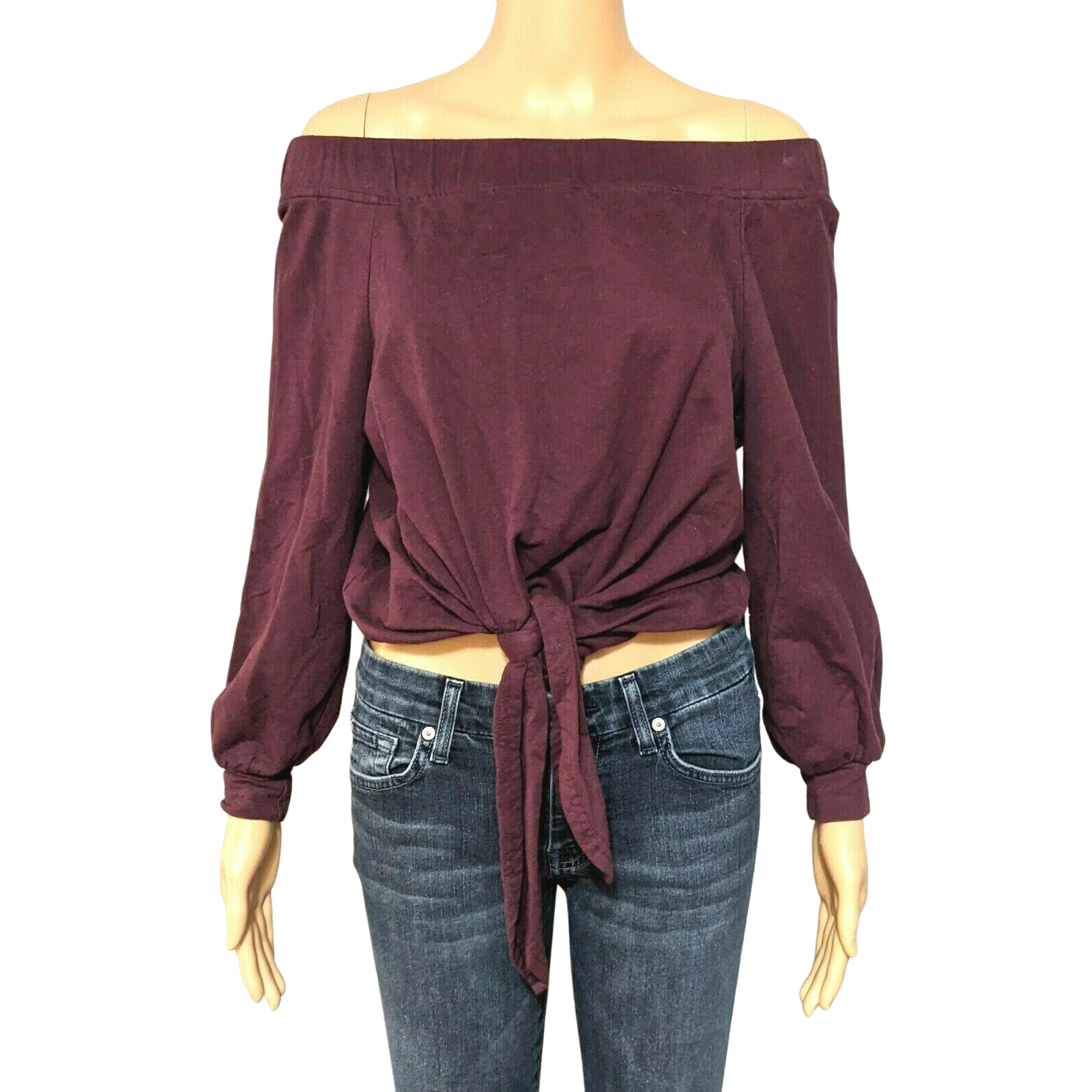 Fashion Nova XS Burgundy Off The Shoulder Top Tie Front Long Sleeve