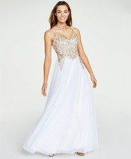 Say Yes to the Prom Juniors' Embroidered Lace-Up Gown Ivory/Gold Size 9 $169