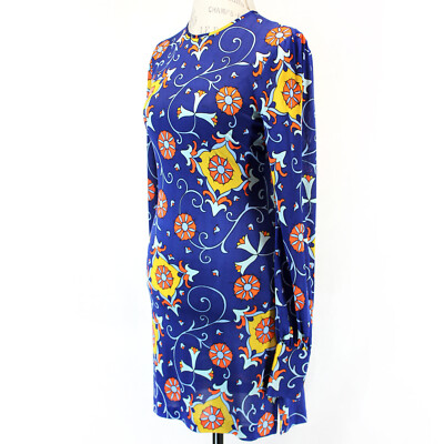 Nieves Lavi NY Blue Boho Print Crew Neck Long Sleeve Jersey Silk Y2K Dress  XS
