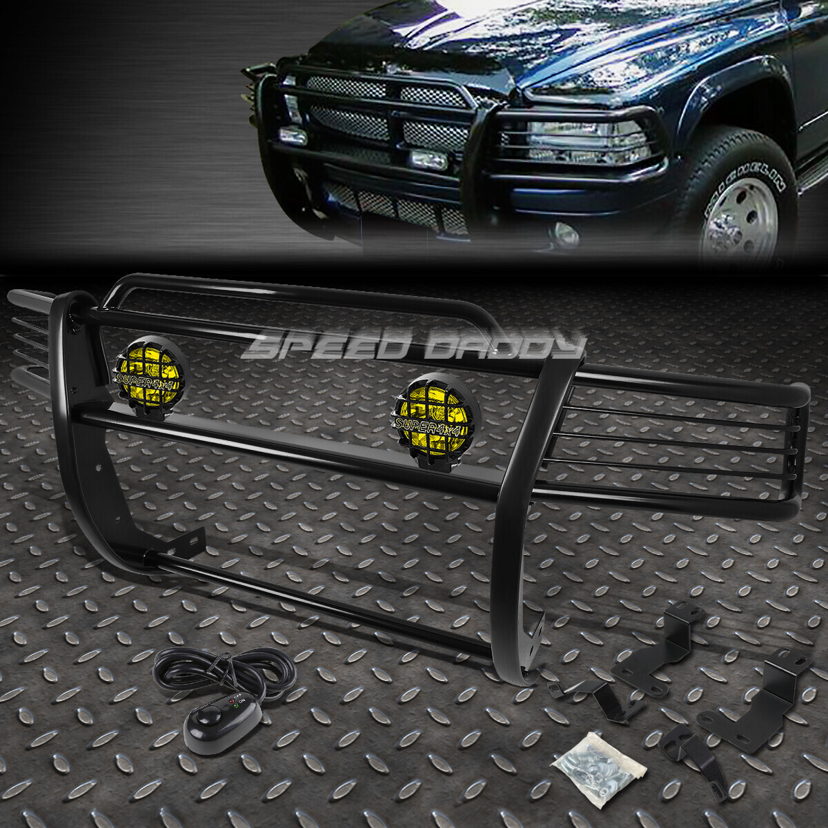 ЧЕРНАЯ ЗАЩИТНАЯ РЕШЕТКА РАДИАТОРА + КРУГЛАЯ ПРОТИВОТУМАННАЯ ФАРА ЯНТАРНОГО ЦВЕТА ДЛЯ 98-03 DODGE DAKOTA/DURANGO