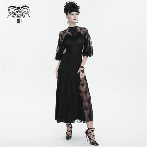 Devil Fashion Women's Black Gothic Vintage Elegant Lace Slit Long Party Dress - 第 1/23 張圖片