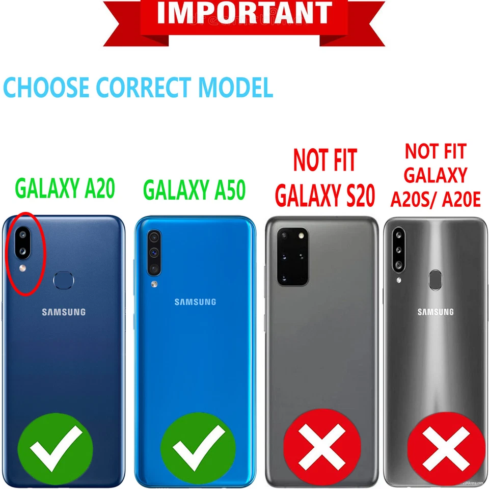 For Samsung Galaxy A20 A50 Case Phone Cover Leather Wallet+Tempered Glass Screen - Image 2 of 4