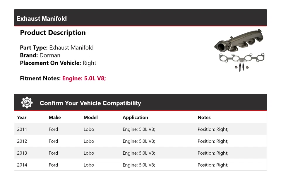 Colector de escape derecho Ford Lobo 2011-2014 5,0 L V8 Dorman 2012 2013 Foto 2 de 4