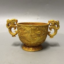 Chinese Bronze Decor Collectible Ornament Vintage Qing Qianlong Gilt Wine Cup