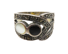 925 Sterling Silver Vintage Mother Of Pearl Onyx Band Ring Sz 6 RG13676