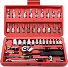 46 Pieces 1/4 inch Drive Socket Ratchet Wrench Set with Bit Socket Set Metric a