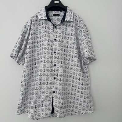 Hawaiian Nautical Anchor Helm Sailing AOP Shirt Mens 3XL White Navy Button Down