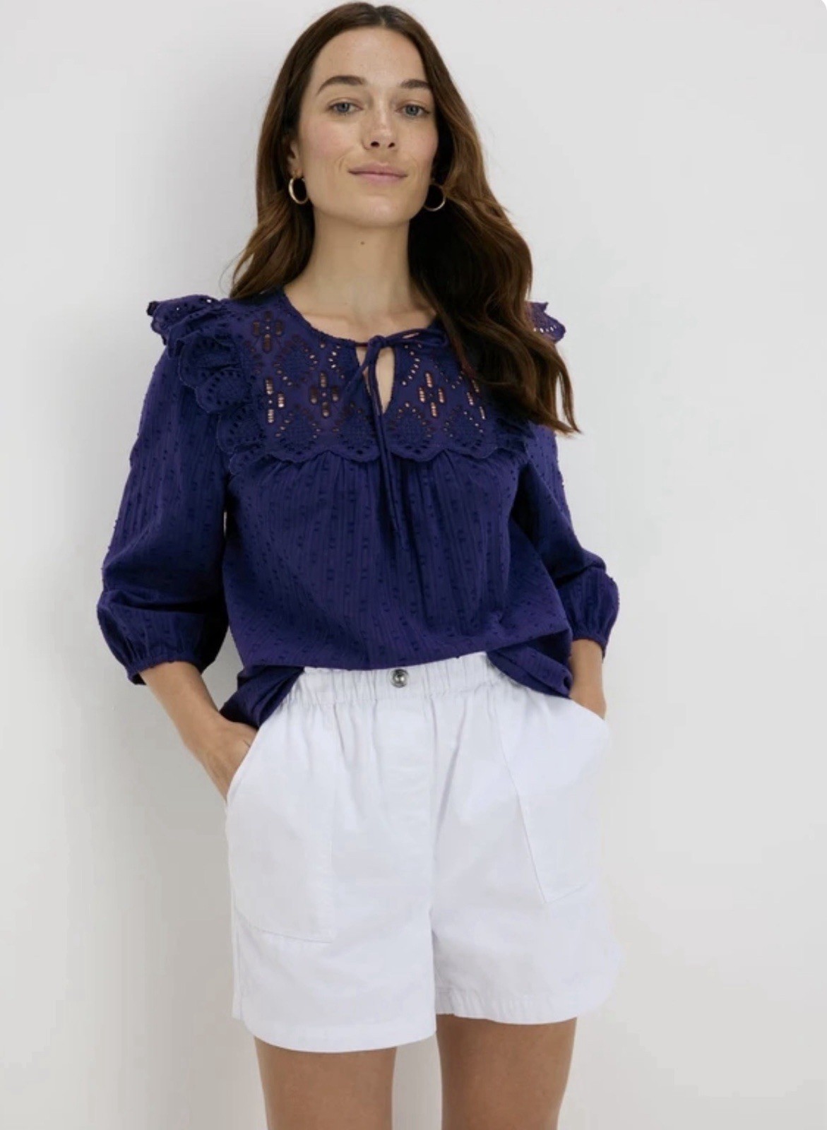 Papaya Navy Broderie Anglaise Top Size 12 Cotton 3/4 Sleeve Tie Front Boho