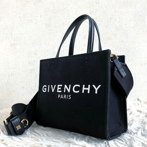Givenchy G Tote Mini Black Canvas Leather 2way Shoulder Handbag Italy Authentic