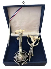 Vintage Hand Engraved Western Spurs Pair w/ Leather Straps in Display Box