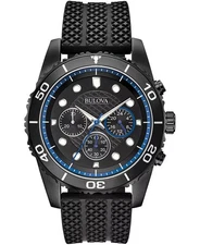 Bulova Men's Sport Chronograph GMT Blue Black Silicone Quartz Watch 43MM 98A211