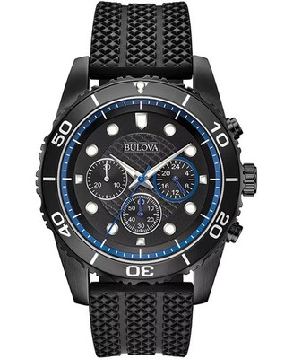 Bulova Men's Sport Chronograph GMT Blue Black Silicone Quartz Watch 43MM 98A211