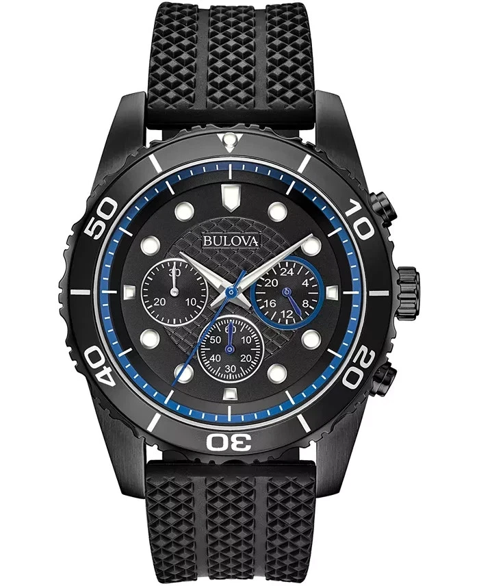 Bulova Reloj Hombre Deportivo Cronógrafo GMT Azul Negro Silicona Cuarzo 43MM 98A211