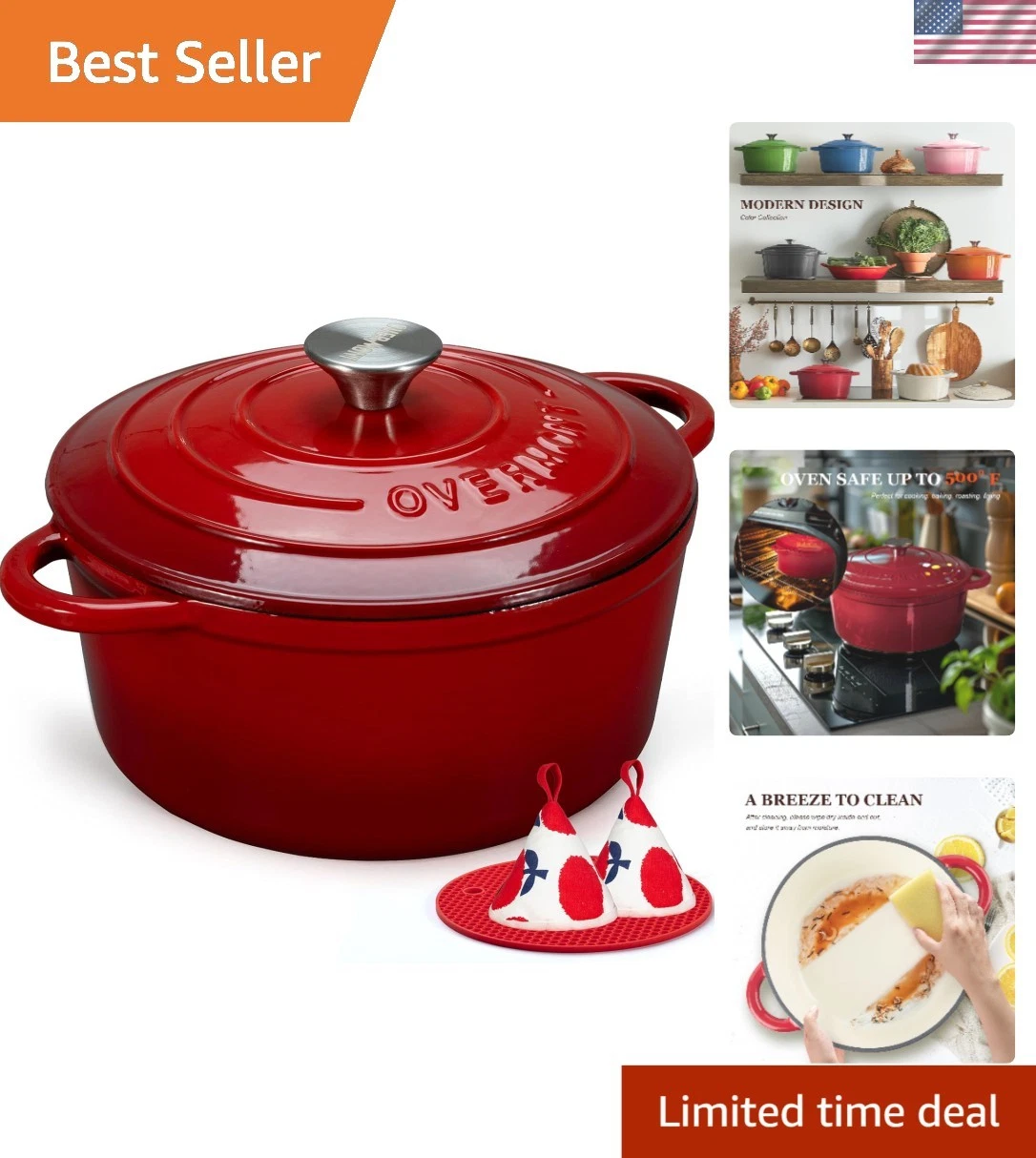 Cherry Red 5.5QT Enameled Dutch Oven - Oven Safe, Flavor Preserving Casserole