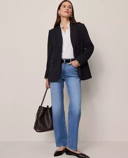 NWT 209 ANN TAYLOR NAVY WHITE PINSTRIPE THE LONGLINE BLAZER SZ 12