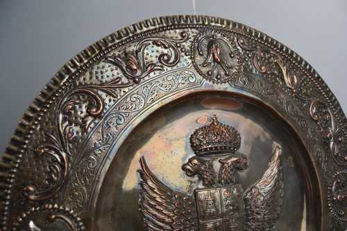 Antico stemma Russia imperiale XIX secolo piatto argento su rame 16,5" - Foto 10 di 23
