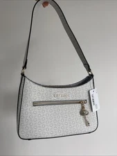 GUESS Tana Bono Purse Bag Shoulder Bag White Blue Leather Zip Closure Key Golden