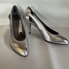 Vintage Charles Jourdan Size 7.5 Silver Faux Slingback Pumps Metallic