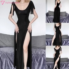 Stylish Black Backless Maxi Dress with High Waist and Double Slit for Women Gown