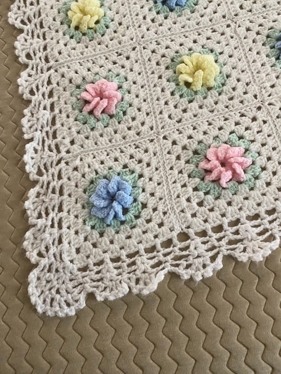 Vintage Handmade Crochet Granny Square Pastel 3D Roses Baby Throw