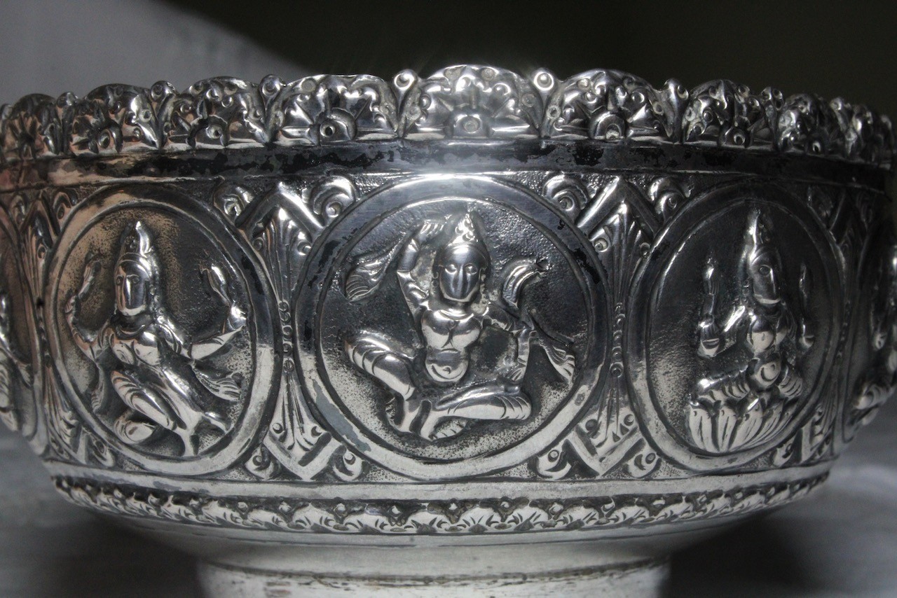 Antique Silver Repousse Burma, Sri Lanka? Hindu Buddhist Dancers Offering Bowl