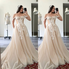 Champagne Wedding Dresses Off The Shoulder Sweep Train Lace Applique Bridal Gown