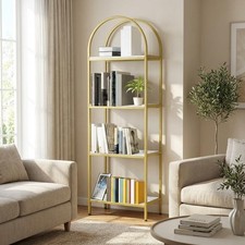 4 Tier Tall Bookshelf 183cm Metal Gold Frame Wood Shelves Storage Organiser