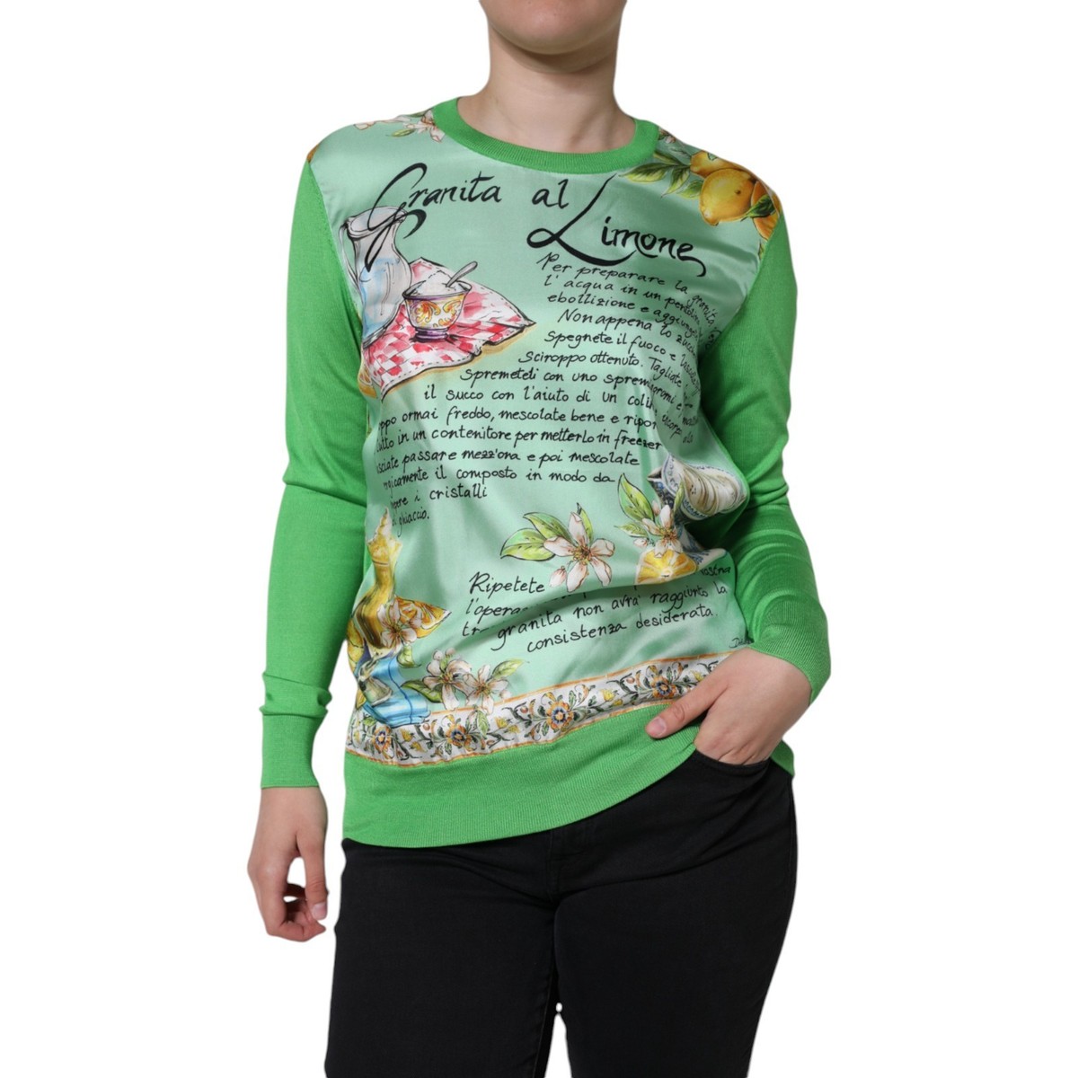 DOLCE GABBANA Sweater Green Lemon Print Pullover Silk Women IT40