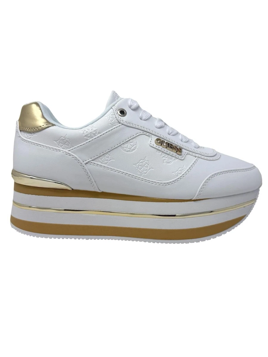 Guess Corten Sneaker Alta Donna – Bianco/Nero/Multi, Tomaia Mista, Dettagli Logo E Cinturino, Taglia 39 EU