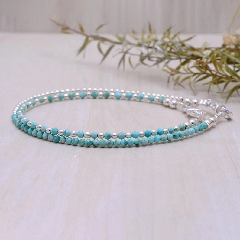 A++ Zierliche Türkis facettierte runde Edelstein Silber gefüllt Perlen Armbän... - Bild 2 von 4