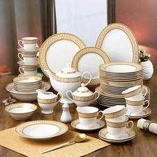 57-Pc Banquet Dinnerware Set Gold Greek Key - Luxury Tableware Dining Service fo