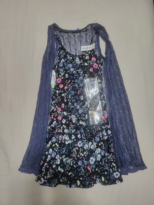 Ally B Girls Black Floral Blue Knit Sleeveless Tiered Short Dress Cardigan 12