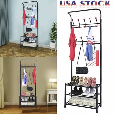 Black Metal And Bonded Leather Entryway 2 Tier Shoe Bench With