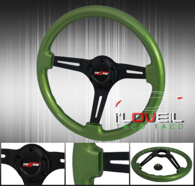 350mm Green Wood Track Drift Light Weight Steering Wheel + Godsnow Horn Button