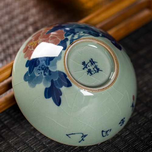 Jingdezhen Chai Ofen Porzellan Blau Weiß Ton Teetasse Pfingstrose Blume Einzeltasse - Bild 5 von 8